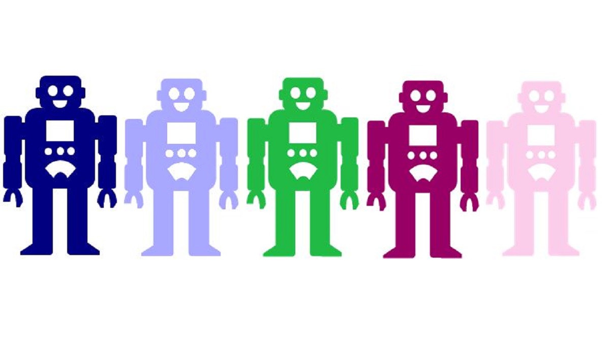 fünf lachende Roboter symbolisieren den AdRobot von ArgYou